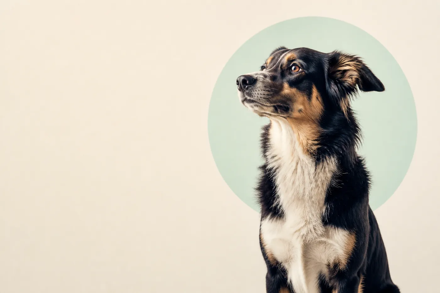 Dog looking upward against a mint circle